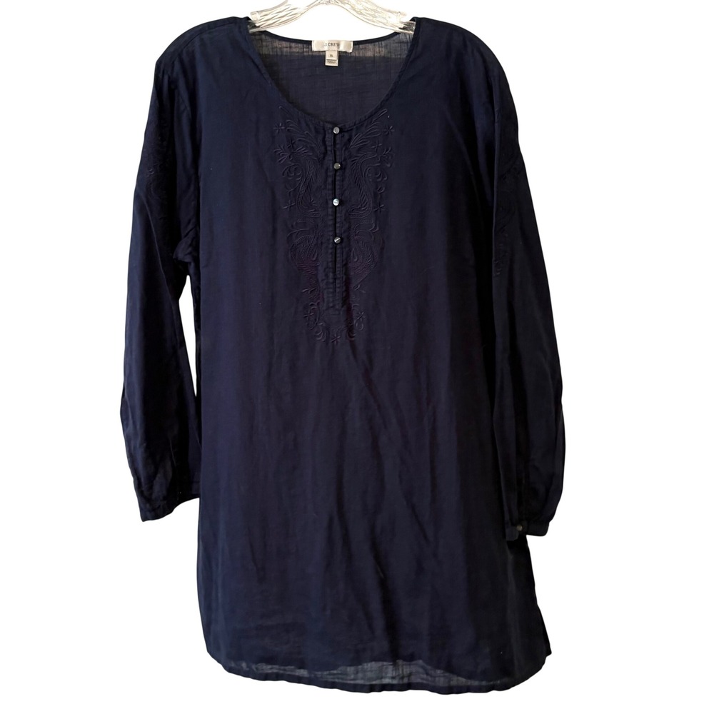 J. Crew Linen Cotton Embroidered Navy Tunic Top Coverup in‎ Size XL